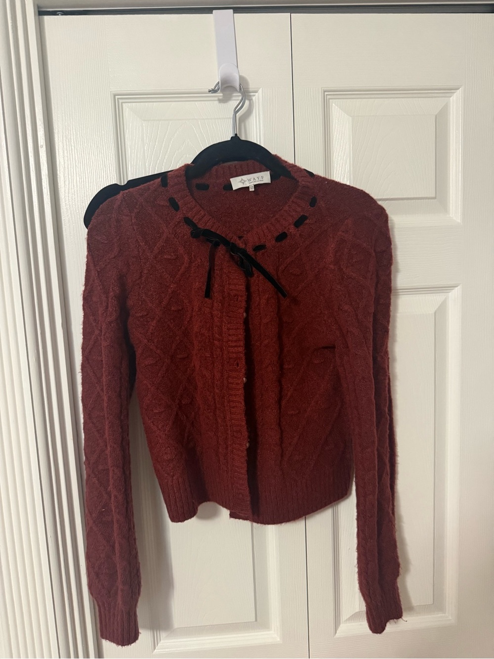 Wayf Rust Red Cable-Knit Bow-Accent Cardigan